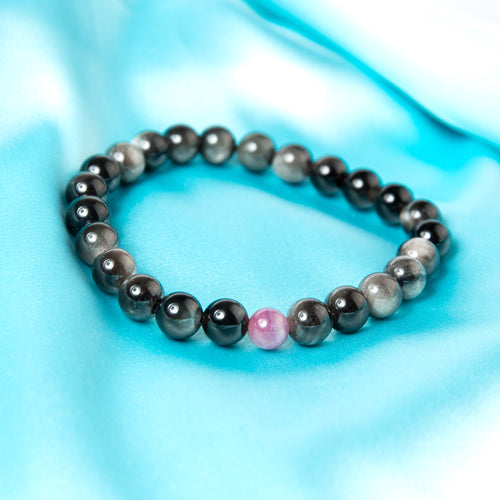 2026 Bracelet - Silver Obsidian & Ruby 8mm