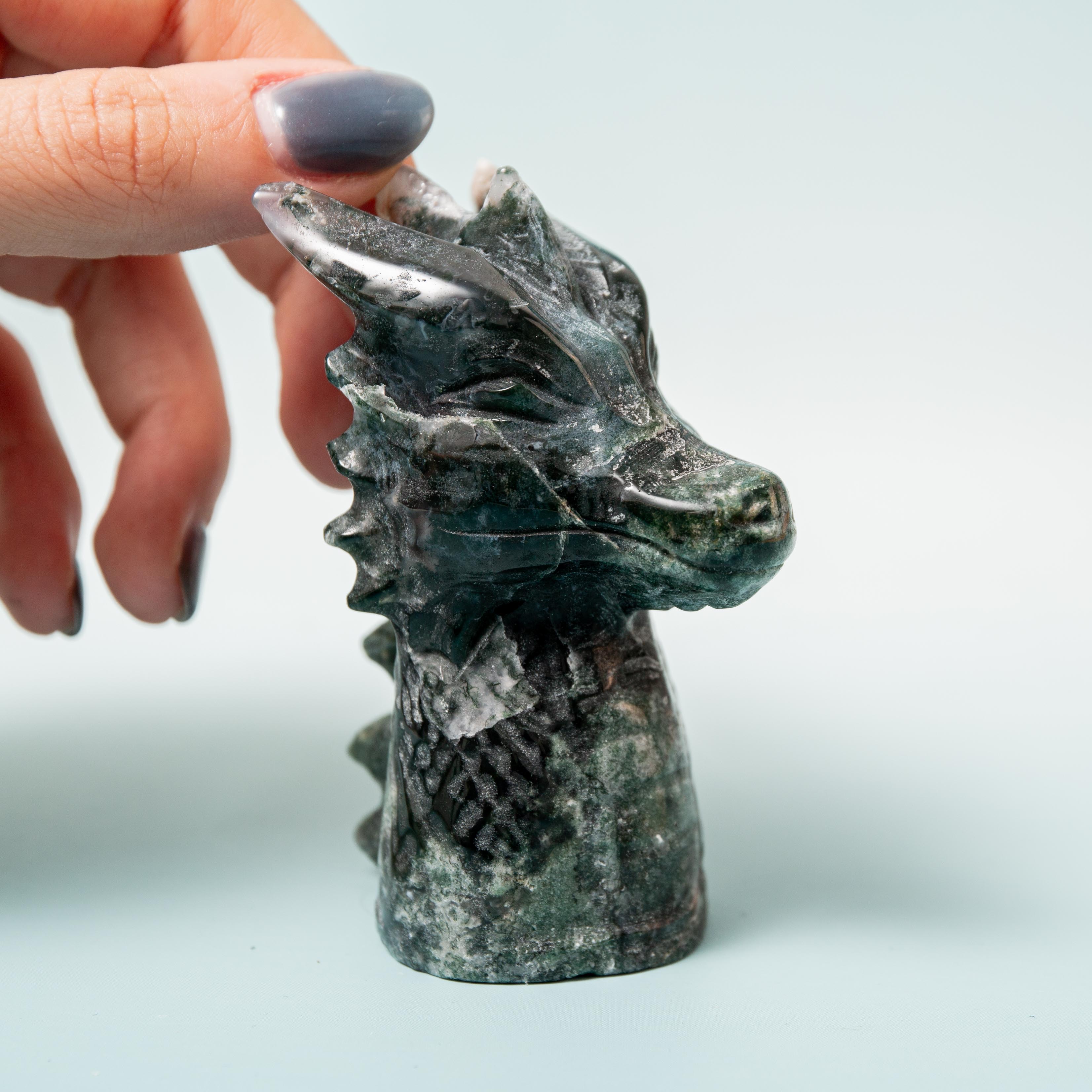 Moss Agate Dragon Head - 149g/7.5cm (A)