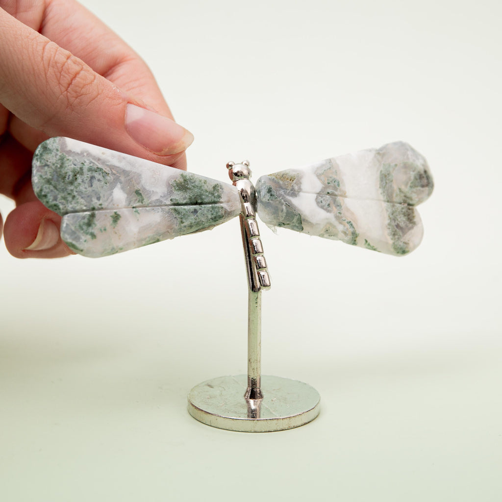 Moss Agate Dragonfly (on Stand) - 6 cm (A10)
