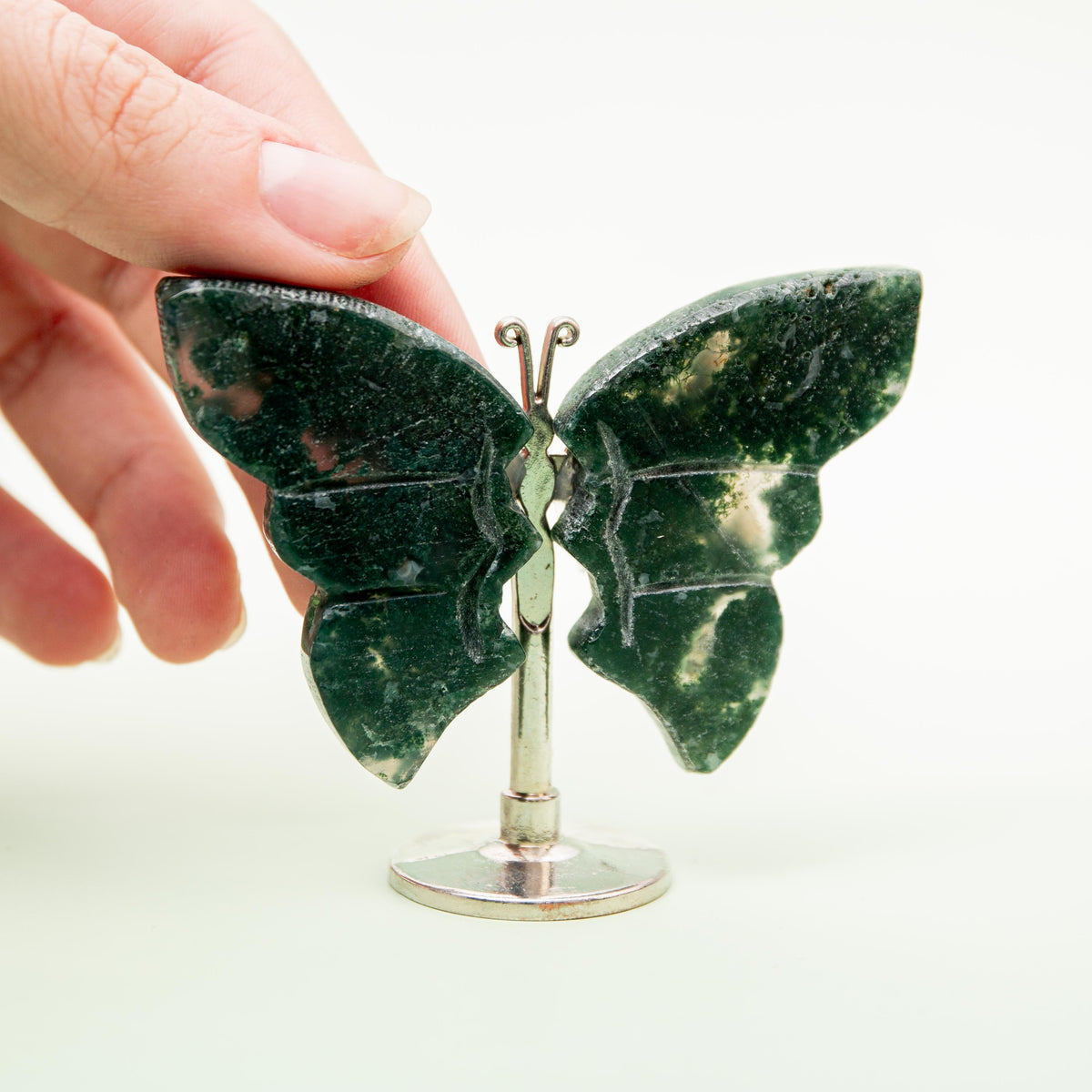 Moss Agate Butterfly (on Stand) - 6 cm (A4)