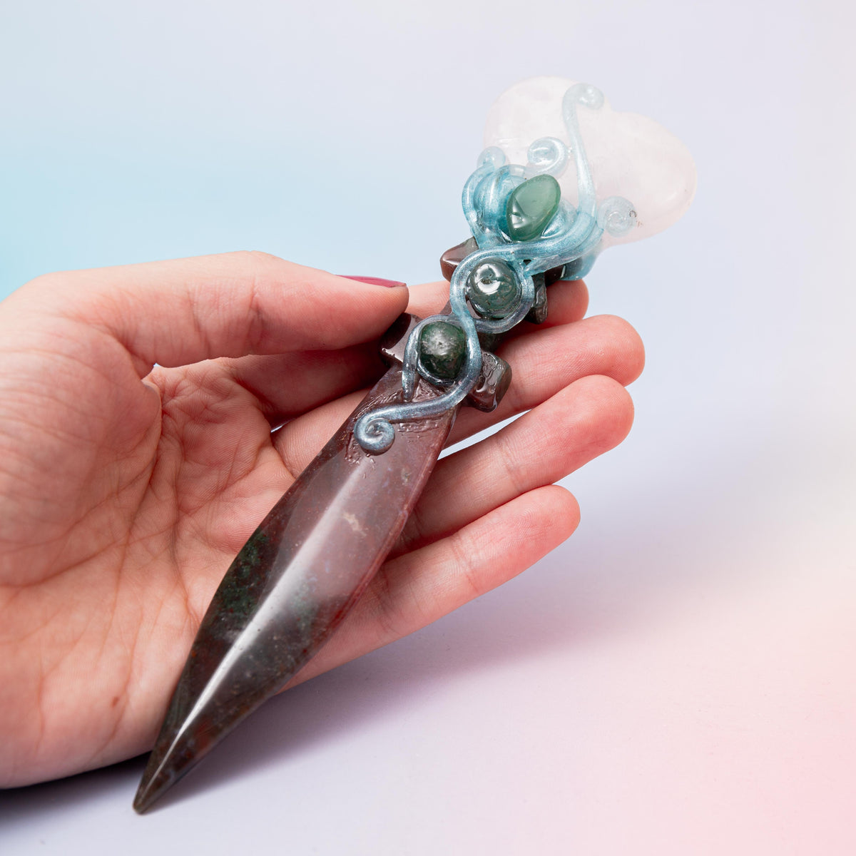 Moss Agate - Rose Quartz Dagger - 3 cm 76 gr