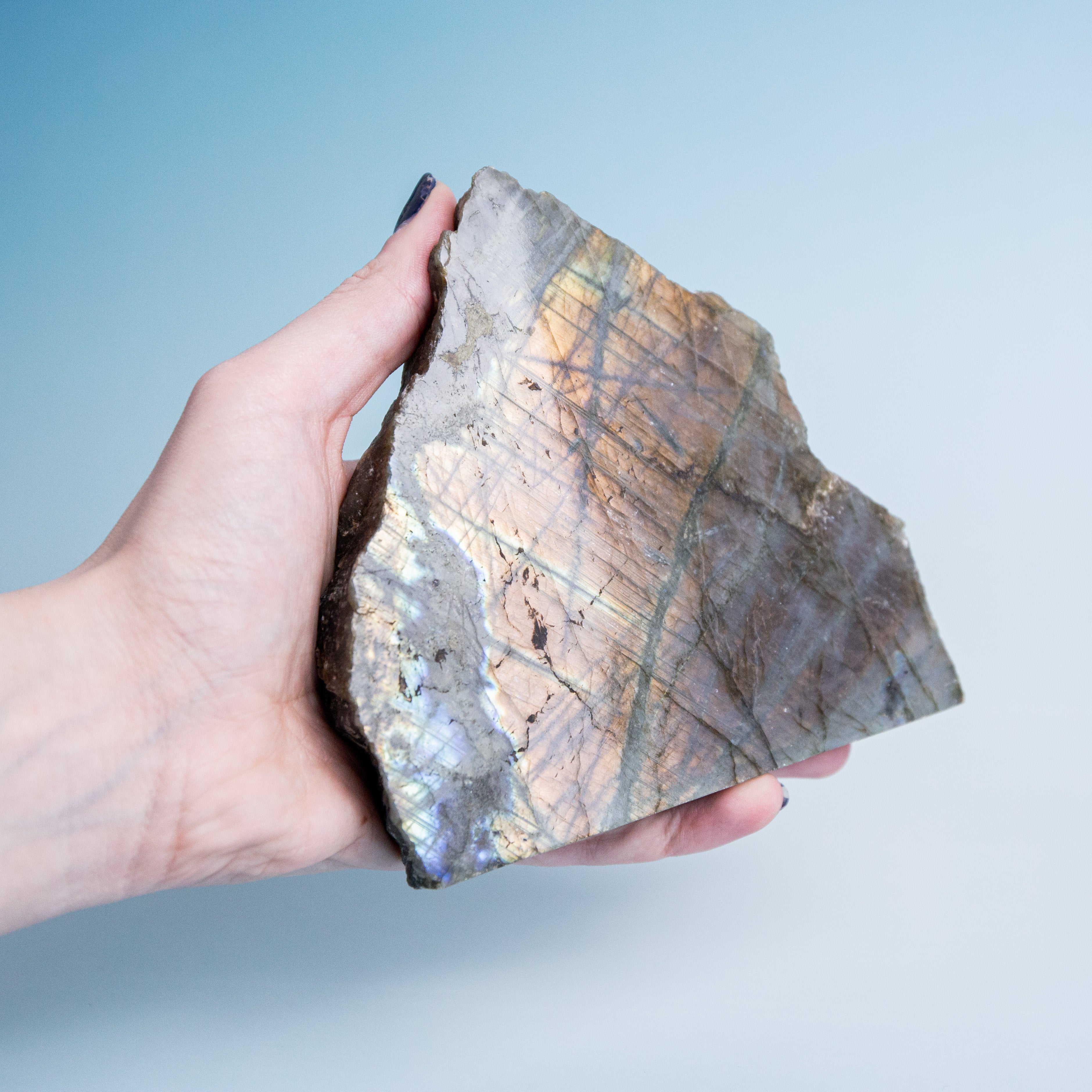 Labradorit egyik oldala csiszolt - 585g