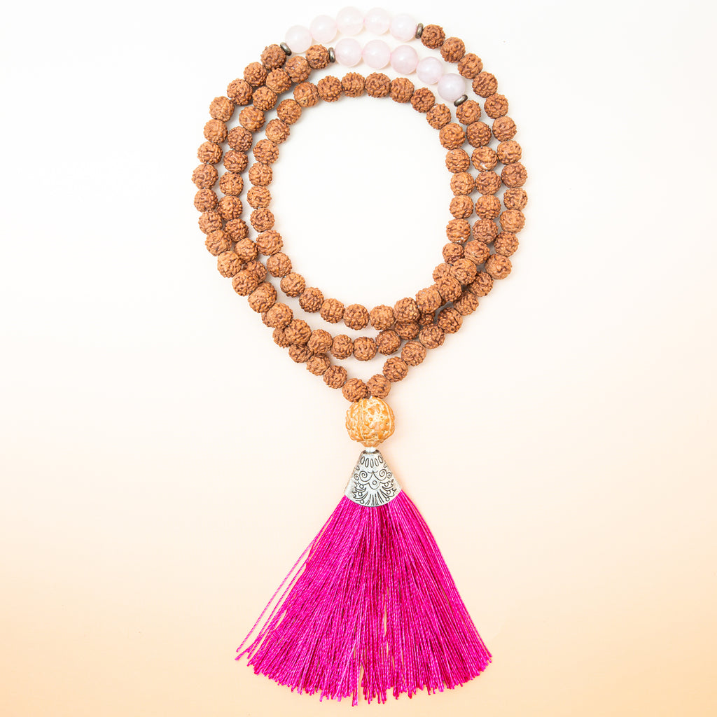Rudraksha & Rose Quartz  Mala - 38cm