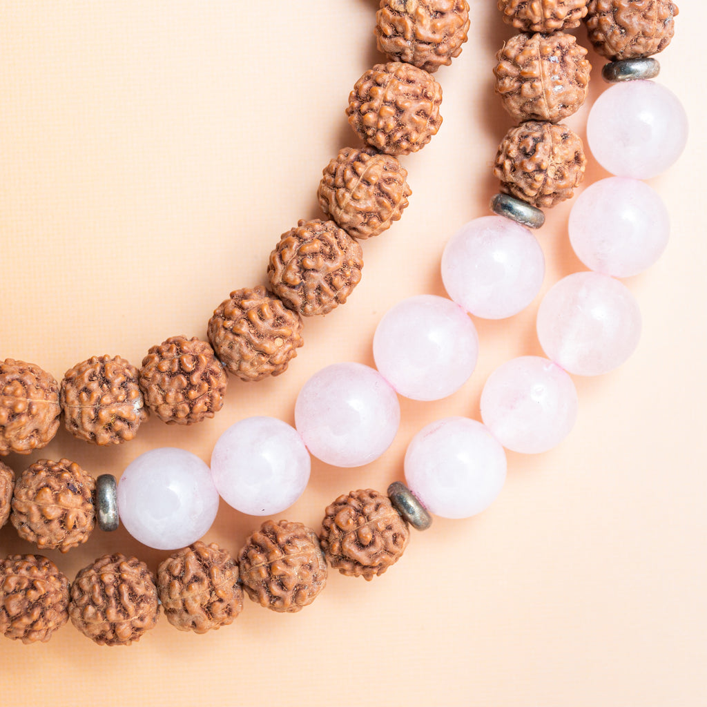 Rudraksha & Rose Quartz  Mala - 38cm