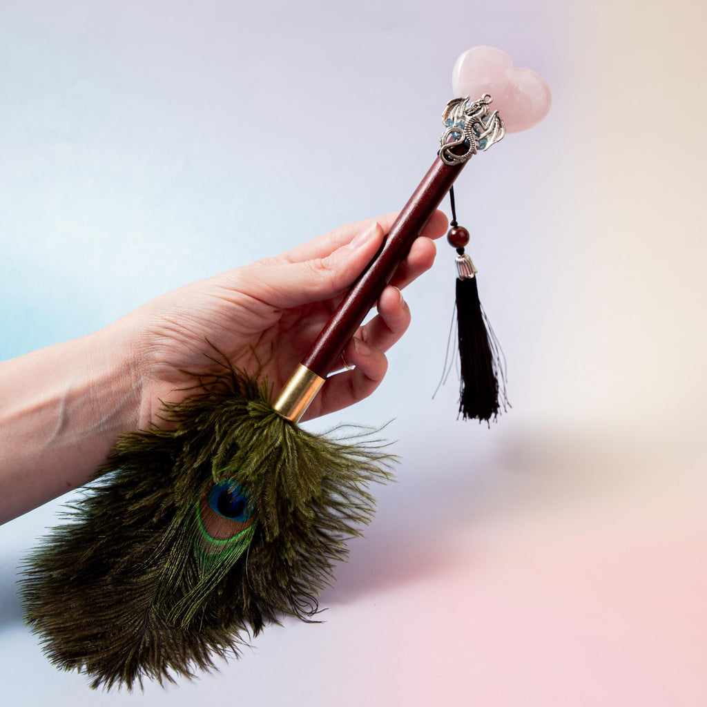 Rose Quartz Magic Wand / Peacock Feather (H) - 31 cm 55 gr — photo 1